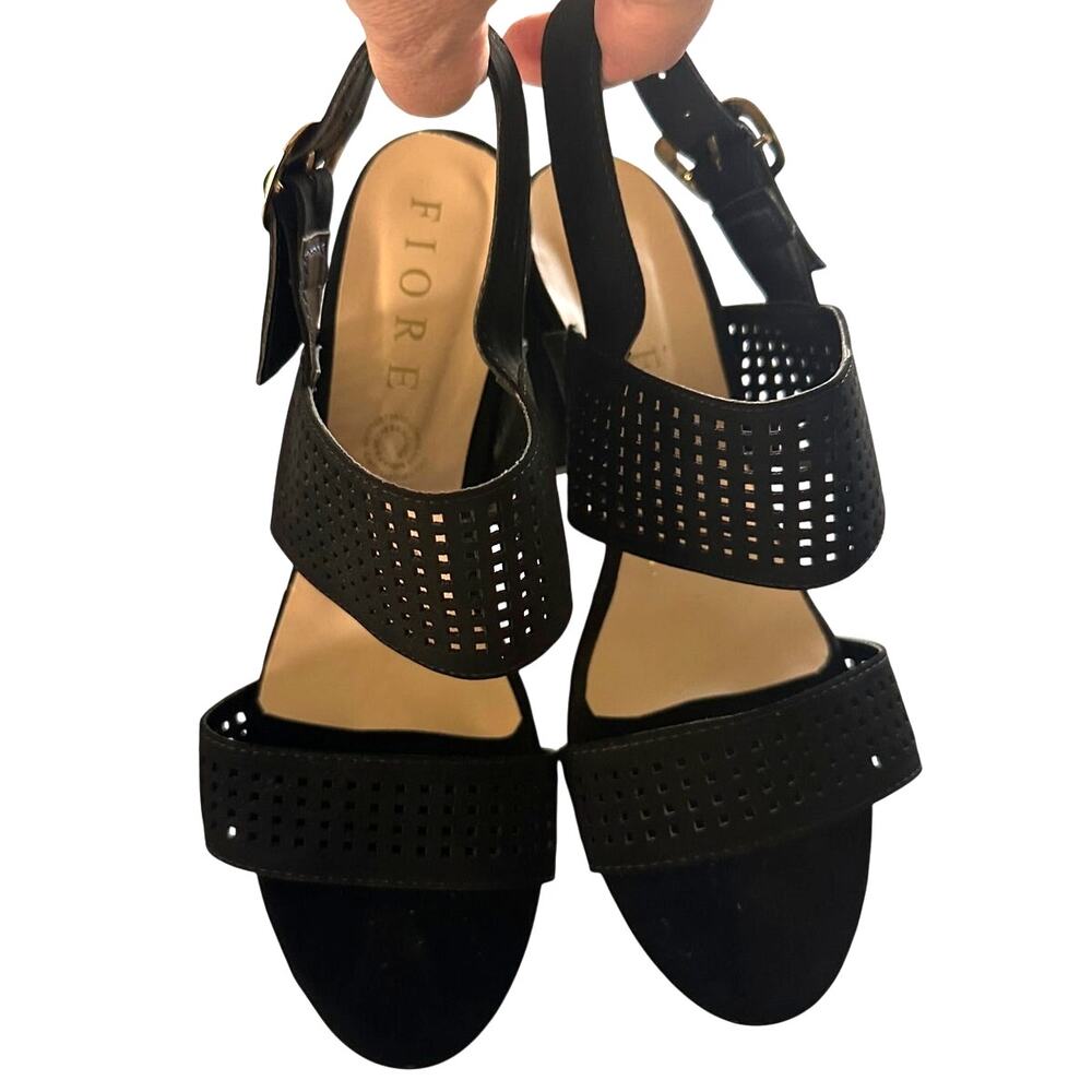 Fiore Black Perforated Block Heel Open Toe Slingback Women's Size 9